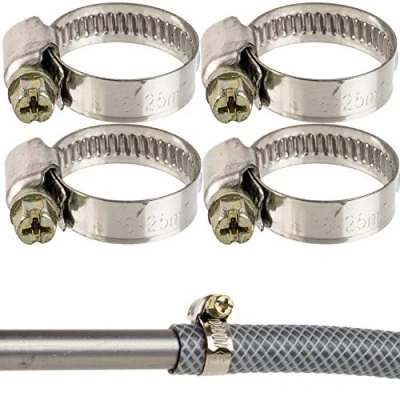 Abbildung von Schlauchschellen mit Schneckenantrieb, 4 Stück, Spannbereich Ø 16 25 mm, für 3/4&quot; Schläuche, W2 Edelstahl, Kreuzschlitz SW7, 9 mm Bandbreite, Fixierung von Waschmaschine, Spülmaschine Anschluss