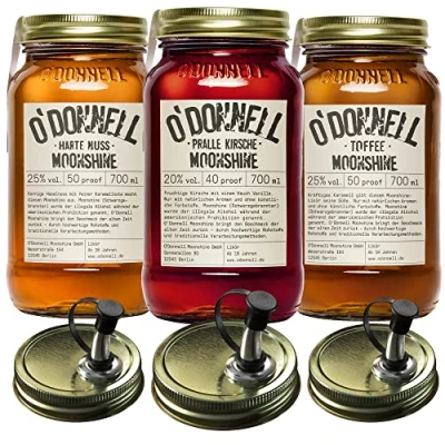 Abbildung von O&#039;Donnell Moonshine Geschenkset Geschenkbox Premium Likör nach amerikanischer Tradition 3 x 700ml Natürliche Zutaten Vegan mit Ausgießer (Pralle Kirsche/Harte Nuss/Toffee)