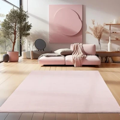 Abbildung von HomebyHome Kurzflor Teppich Wohnzimmer 240 x 340 cm Rosa Waschbarer für Schlafzimmer, Esszimmer und Ideal als Küchenteppich Flauschiger Extra Weich, Einfarbig, rutschfest, Modern