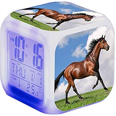 Abbildung von Wecker Pferde Tier Alarm LED Beleuchteter Digital mit Nachtlicht Night Glowing Licht Anzeige Zeit Geburtstagsgeschenke für Kinder (6)