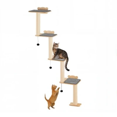 Abbildung von VEVOR Katzenbaum 183,5 cm, 4 stöckiger Katzenregalbaum, Katzenwandmöbel Set mit Sprungbrettern, Katzenkratzturm bis zu 18 kg, Wandkratzbaum aus Kiefernholz zum Schlafen, Spielen und Klettern