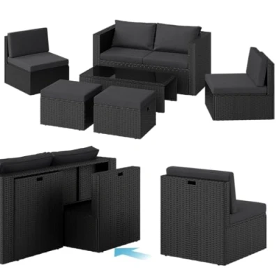 Abbildung von STEELSØN Polyrattan Gartenlounge Noctura, Outdoor Sitzgruppe 6 teilig, Gartenmöbel Set mit Sofa, Sessel, Hocker, Tisch, Sitzecke für bis zu Personen, wetterfest, schwarz/anthrazit