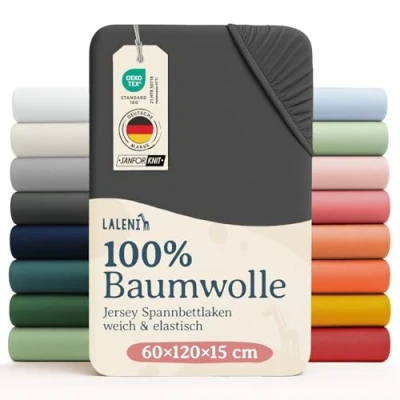 Abbildung von Laleni Jersey Spannbettlaken 60x120 Babybett 2er Set Oeko TEX zertifiziertes Bettlaken Kinderbett Kinderbettwäsche 100% Baumwolle Baby in Anthrazit