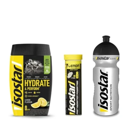 Abbildung von Isostar Hydrate &amp; Perform Iso Drink 400 g isotonisches Getränkepulver Elektrolyt Pulver zur Unterstützung der sportlichen Leistungsfähigkeit 1 x Zitrone + 1x Zitronen Tabs 0,5 Liter Flasche