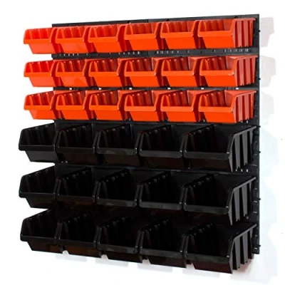 Abbildung von 33 Stapelboxen mit Wandregal 80 x cm Lagerregal Werkzeugwand Werkstatt Garage Wandplatten schwarz orange