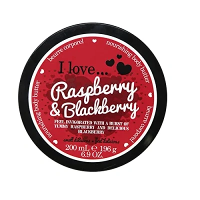 Abbildung von I Love Raspberry &amp; Blackberry Body Butter, Made With 87% Naturally Derived Ingredients Including Shea Butter Coconut Oil For Soft Hydrated Skin, Moisturising Lightly Scented, Contains Natural Fruit Extracts, Vegan Friendly 200ml
