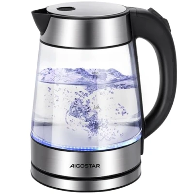 Abbildung von Aigostar Chubby Edelstahl Glaswasserkocher mit LED Beleuchtung, Glas Wasserkocher Verdicktes Borosilikatglas 1,7 Liter, 2200 Watt, Kalkfilter, Auto off Trockenlaufschutz, BPA frei, Silber