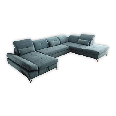Abbildung von Stella Trading MELFI Wohnlandschaft in U Form, Stoffbezug Grün Ausziehbares Sofa mit Schlaffunktion &amp; Bettkasten 350 x 73 (96) 245 cm (B/H/T)