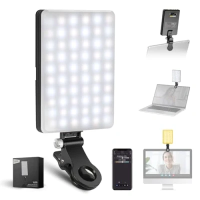 Abbildung von NEEWER Basic VL67B Selfie Licht mit APP Steuerung, zweifarbiges CRI97 2000mAh Fülllicht kompatibel iPhone Cold Shoe halterung vorderer/hinterer Klammer für Vlog/Livestream/Make Up/Laptop Video