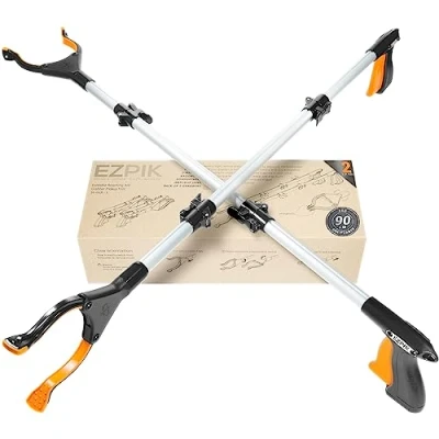 Abbildung von EZPIK 2 x 90 cm Greifer für Senioren mit Magnet Greifarm, Robuste Greifzangen Menschen Behinderungen, Drehbare Müllgreifer Zange, Gehilfe Befestigungsclip, 2er Pack, Silber