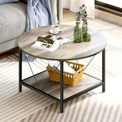 Abbildung von YITAHOME Couchtisch, Wohnzimmertisch 2 stöckiger, Holz Couchtisch Rund 80X80X46cm, mit Stauraum für Couch Schlafzimmer,Stabiler Metallrahmen