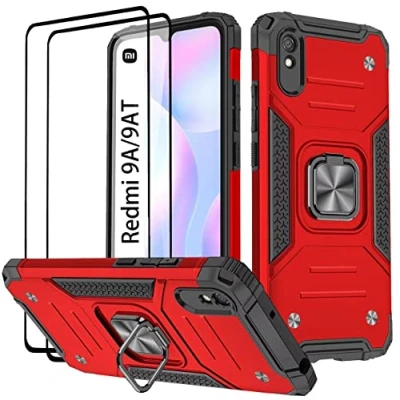 Abbildung von KANSi Hülle kompatibel für Xiaomi Redmi 9A / 9AT, Schutzfolie [2 Stück] Silikon TPU Hart PC Handy Hüllen 360 Grad Drehbar Ringhalter Bumper Stoßdämpfung Schutzhülle Rote