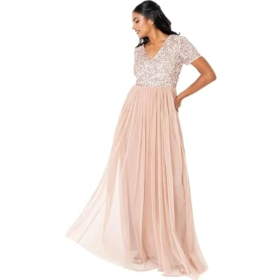 Abbildung von Maya Deluxe Abendkleid mit Pailletten Cocktailkleid Damen V Ausschnitt Tüllkleid Erröten Größe 34
