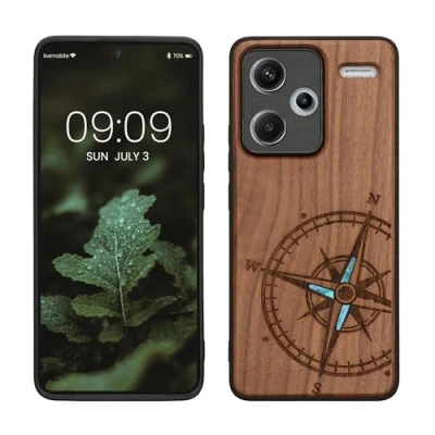 Abbildung von kwmobile Hülle kompatibel mit Xiaomi Redmi Note 13 Pro+ 5G / Pro Plus Holz Case Handy Cover TPU Handyhülle in Dunkelbraun Vintage Kompass Perlmutt
