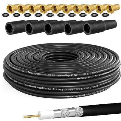 Abbildung von HB DIGITAL 50m Koaxialkabel SAT HQ 135 PRO inkl. 5x Gummitüllen + 10x F Stecker vergoldet GRATIS dazu Satellit Antennenkabel 4 Fach geschirmt für DVB S/S2 C/C2 T/T2 DAB+ Radio BK Anlagen