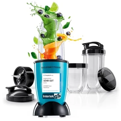 Abbildung von GOURMETmaxx Mr. Magic Power Pro Mixer 400 Watt Smoothie Maker mit to go Deckel Standmixer Mixbecher &amp; Frischhaltedeckel zum Aufbewahren Blender Zubehörset L für Shakes, Smoothies etc.