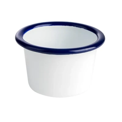 Abbildung von APS 40645 Schale &quot;ENAMELWARE&quot;, Dipschale, Snackschale, 0,08 Liter, Ø 7 cm, Höhe 4,5 emailliertes Stahlblech, weiß mit blauem Rand