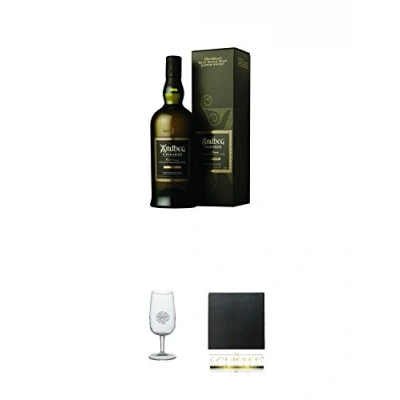 Abbildung von Ardbeg Uigeadail Islay Single Malt Whisky 0,7 Liter + Classic Nosing Glas mit Aufschrift 1 Schiefer Glasuntersetzer eckig ca. 9,5 cm Durchmesser