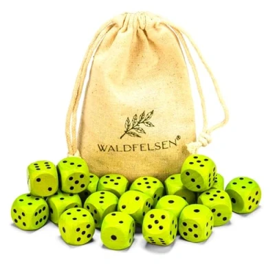 Abbildung von Waldfelsen 6, 12, 20, 30 oder 50 hochqualitative Holzwürfel aus echtem Buchenholz Augenwürfel Spielwürfel Holz in 16 mm Standardwürfel mit Stoffbeutel Würfelset (Grasgrün, 20 Stück)
