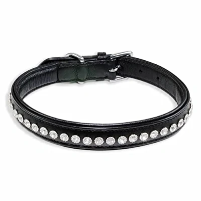 Abbildung von Monkimau Hunde Halsband Hundehalsband Leder Hund schwarz gepolstert mit Kristallen,