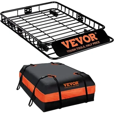 Abbildung von VEVOR Dachgepäckträger Korb Auto Dachkorb Universal 1305 x 915 127 mm, Wanne inkl. Tasche 90,7 kg Tragfähigkeit Relingträger Fracht Gepäckablage Schwarz für Camping, Reisen