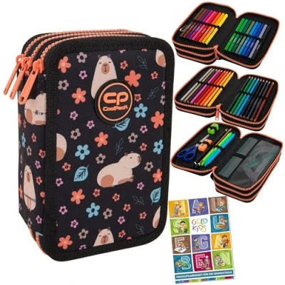 Abbildung von Goldkids Federmäppchen 3 Fächer Mäppchen für Mädchen und Jungen Federmappe Fach Federtasche Gefüllte Schüleretui Schulmäppchen Hausaufgabenheft Capybara Motiv