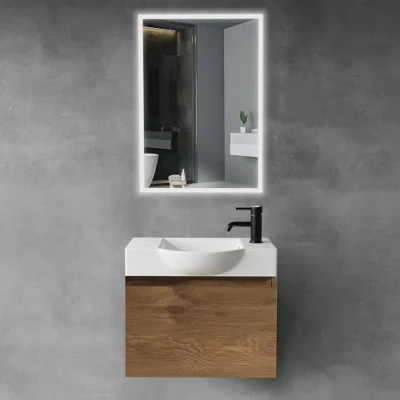 Abbildung von Alpenberger Badmöbel Set mit Waschbecken Badschrank Hängend Waschtisch Unterschrank Badezimmerschrank Spiegel für Kleine Bäder + Gäste WC Waschtischunterschrank Eiche