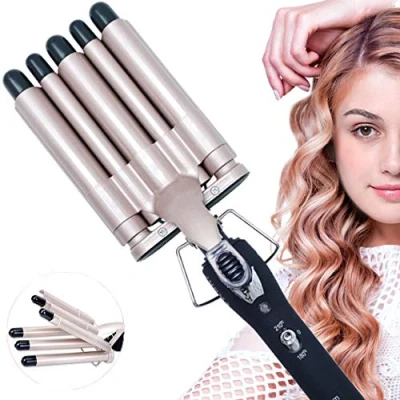 Abbildung von Lockenstab 5 Fässer Welleneisen für Haare 25mm Lockenwickler mit Wellenstyler Turmalin Keramik Digitale Temperaturanzeige Keramikbeschichtung Lockenstäbe Lange/kurze