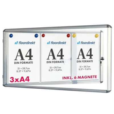 Abbildung von Floodirekt Schaukasten Wand 3 x DIN A4 Plakatschaukasten mit Alurahmen &amp; Acrylglas inkl. Magnete Infokasten Aushang Aushangkasten Magnetische beschreibbare Rückwand