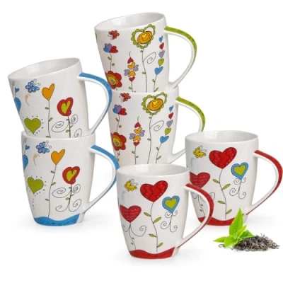 Abbildung von matches21 HOME &amp; HOBBY Tasse Kaffeetassen 6er Set Blumen Herzen Frühling Sommer, Porzellan, Tee Kaffee Becher, modern, blau grün rot bunt, 300 ml