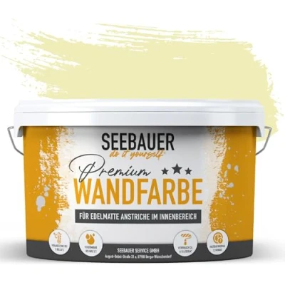 Abbildung von SEEBAUER diy Wandfarbe Gelb 2,5L für Innen (No. 459 Lemon Soda) Edelmatte zitronengelbe Innenfarbe Gelbtöne sehr hohe Deckkraft Matt, Abwaschbar und Tropffrei