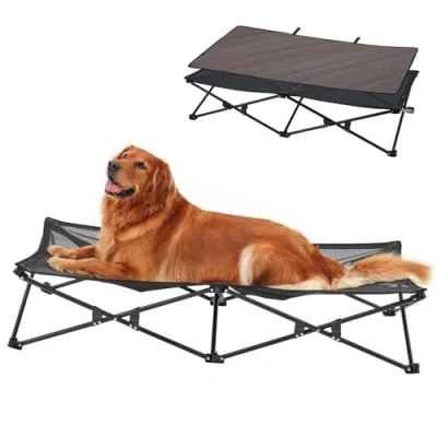 Abbildung von KingCamp Erhöhtes Hundebett Hundeliege Outdoor Haustierbett Haustierliege Atmungsaktivem Mesh &amp; Wildledermatte Rutschfesten Füßen für Reisen Garten Indoor, Schwarz 132 x 68 29 cm