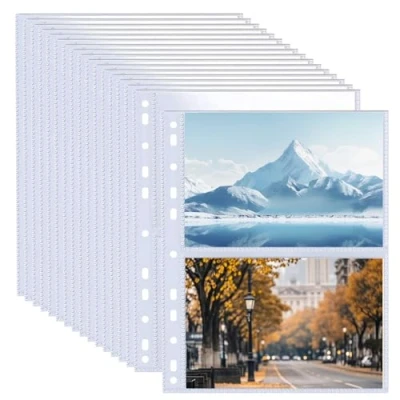 Abbildung von 50er Pack A4 Fotohüllen mit 200 Fächern für 2/3/4 Ringordner, Transparente Postkartenhüllen 2 Fächern, Klarsichthüllen a4, Top Loading Nachfüllseiten Fotoalben (219x152 mm).