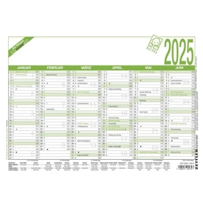 Abbildung von Zettler Arbeitstagekalender 2025 Recycling, 29,7x21cm, Plakatkalender mit 6 Monaten auf 1 Seite, Mondphasen, Arbeitstage , Tages und Wochenzählung, Ferientermine deutsches Kalendarium