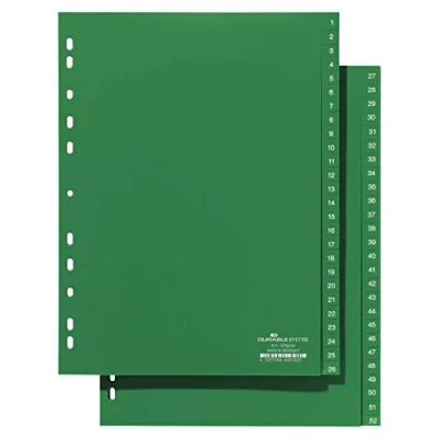 Abbildung von Durable Zahlenregister aus Kunststoff, A4 hoch, volldeckend, Universallochung, mit zwei Abläufen, 1 52, grün, 615705