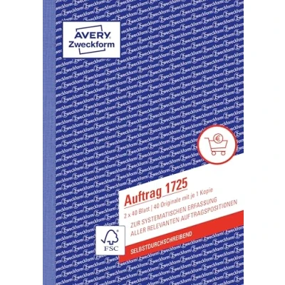 Abbildung von AVERY Zweckform 1725 Auftrag (A5, 2x40 Blatt, selbstdurchschreibend mit farbigem Durchschlag, zur systematischen Erfassung aller relevanten Auftragspositionen) weiß/gelb