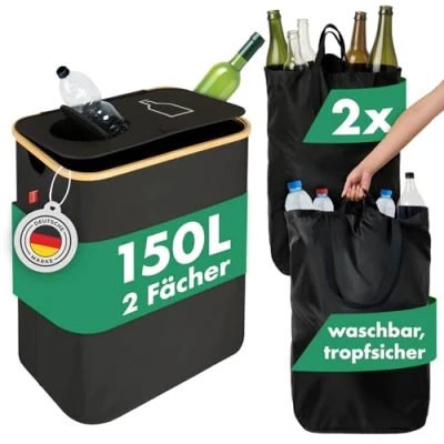 Abbildung von Blumtal Pflandflaschen Sammelbehälter 150L mit 2 Fächern Bambus Pfandflaschen Organizer Flaschensammler Leergut Behälter Loch Schwarz