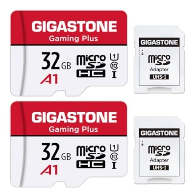 Abbildung von Gigastone Gaming Plus 32GB MicroSDHC Speicherkarte 2er Pack und SD Adapter, Actionkameras Drohnen, Lesegeschwindigkeit bis zu 90MB/s, Full HD Videoaufnahme, Micro Karte UHS I A1 U1 Klasse 10