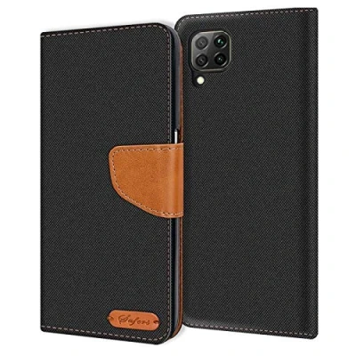 Abbildung von Verco kompatibel mit Huawei P40 Lite Hülle, Schutzhülle für Tasche Denim Textil Book Case Flip Klapphülle, Schwarz