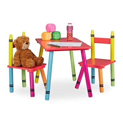 Abbildung von Relaxdays Kindersitzgruppe, Kindertisch mit 2 Stühlen, Mädchen &amp; Jungen, MDF Holz, Sitzecke fürs Kinderzimmer, bunt