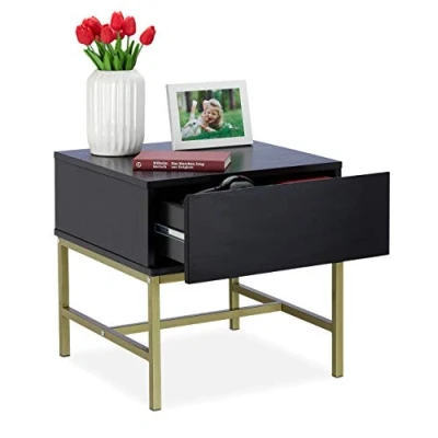 Abbildung von Relaxdays Nachttisch schwarz, quadratischer Beistelltisch m. Schublade, Holz, goldenes Metallgestell, 50x50x50 cm, black