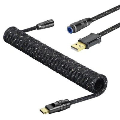 Abbildung von MAMBASNAKE C05 Custom Coiled Aviator USB C Kabel für Gaming Tastatur, Braided Nylon, A auf C, Double Sleeved Spiral Mechanical Tastaturkabel, Abnehmbarem CNC Luftfahrtstecker, 4,92Ft Schwarz