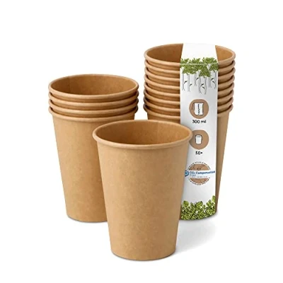 Abbildung von GREENBOX Kompostierbare Bio Einweg Becher I Einmalbecher Getränkebecher Wegwerfbecher Papierbecher mit PLA Beschichtung 50 Stück Coffee to go Pappbecher braun ungebleicht 300 ml 12 oz