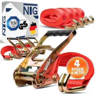 Abbildung von 4 Stück Spanngurt Zurrgurte 4m 5t (2500/5000 daN, KG) Zweiteilig 50mm mit Ratsche und Haken Ratschengurte TÜV/GS geprüft