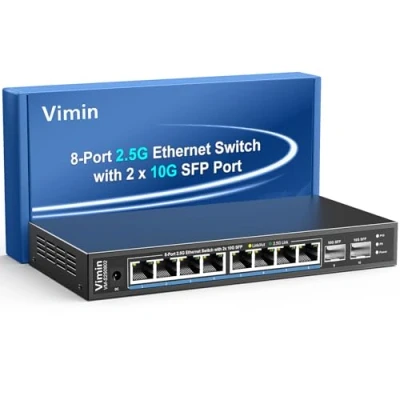 Abbildung von 10 Port 2,5G Unmanaged Netzwerk Switch, 8X 2,5Gbase T Ethernet Ports, 2X 10G SFP+, 120Gbps Switching Kapazität, Metallgehäuse, 19 Zoll Rack Montage, Geeignet für 2,5Gbps NAS, Wireless AP &amp; PC