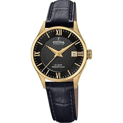 Abbildung von Festina Uhr Für Damen F20011/4 Swiss Made Gold Edelstahl Case SchwarzLeder Band