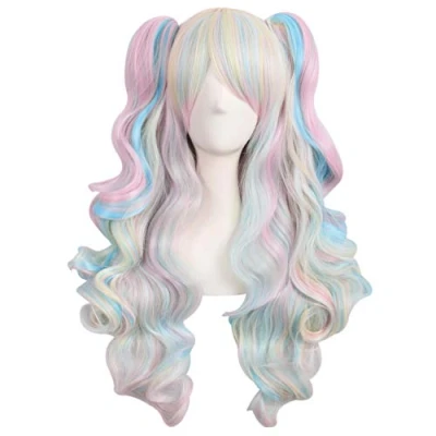 Abbildung von MapofBeauty farbige Lolita lange lockige geheftet auf Pferdeschwanz Cosplay Perücke (rosa/blau/blond)