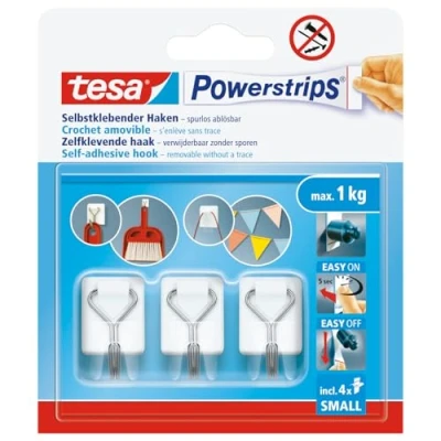 Abbildung von tesa Klebehaken Powerstrips Small selbstklebende Haken mit abnehmbaren Drahthaken, (Packung, 1 St., Wandhaken bis zu kg Halt pro Stück, 3 Haken, 4 Powerstrips), ablösbar, wiederverwendbar, weißer Dekohaken für Wände ohne Bohren