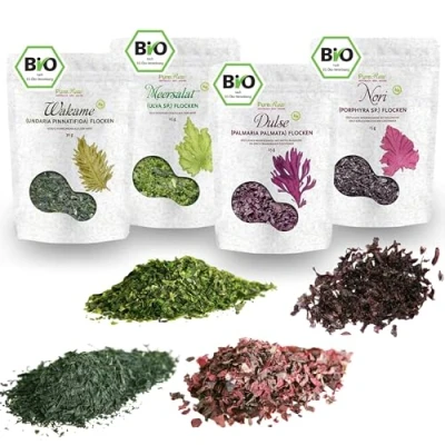 Abbildung von Bio Algen Flocken Set Dulse Meersalat Nori Wakame Getrocknet Atlantik (Roh Vegan) Seetang Umami Würze für Salat, Sushi, Dashi, Salzersatz, Snack Organic Raw Dried Seaweed Flakes PureRaw 95g