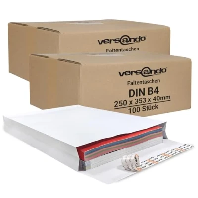 Abbildung von versando 200x B4 Faltentaschen 4cm Falte ohne Fenster (250x353x40 mm) Versandtaschen Bodenfalte haftklebend weiß